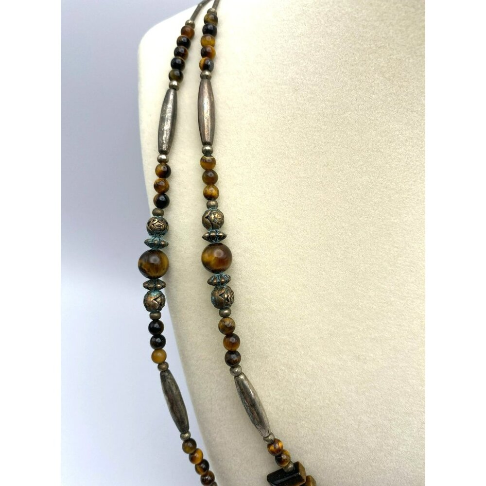 Vintage Tigers Eye & Silver Double Strand Beaded Hand Crafted Statement Necklace - Picture 3 of 9